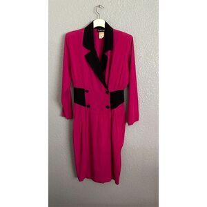 Vintage Lane dress, hot /fuchsia pink black trim, cute button front Rayon/Acetat